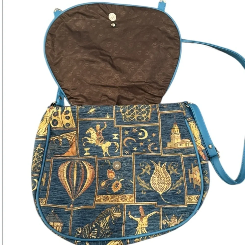 Motif Turkish Blue Tapestry & Vegan Leather Satchel Crossbody Bag